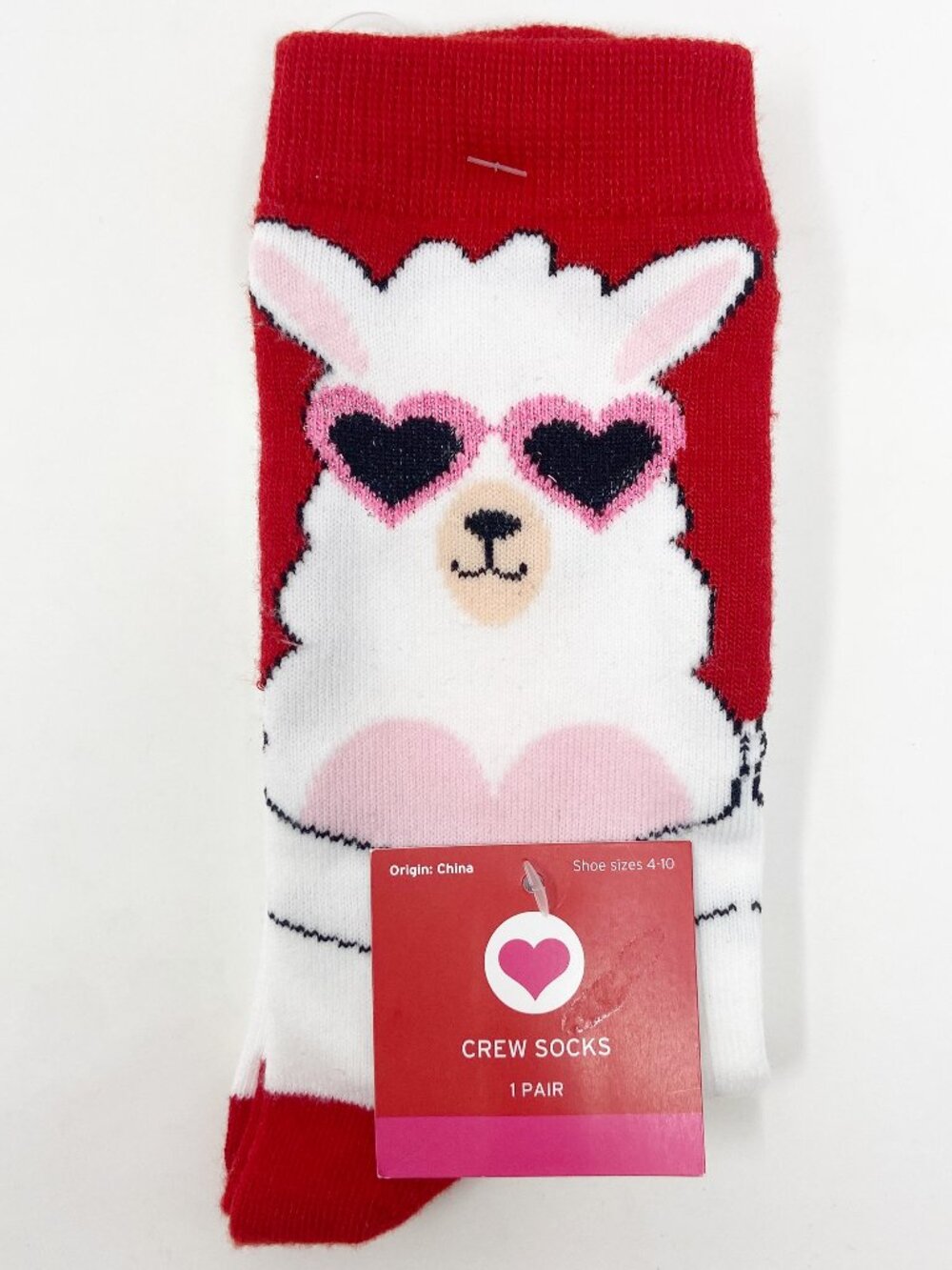 LLAMA Red White Heart Crew Socks